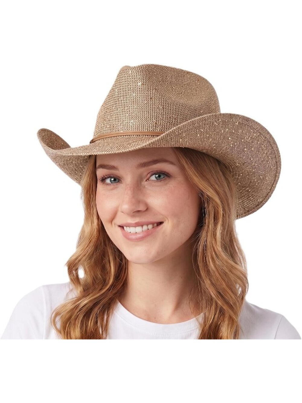 Women's Beige Sparkly Sequin Suede String Trim Party Cowboy Western Hat